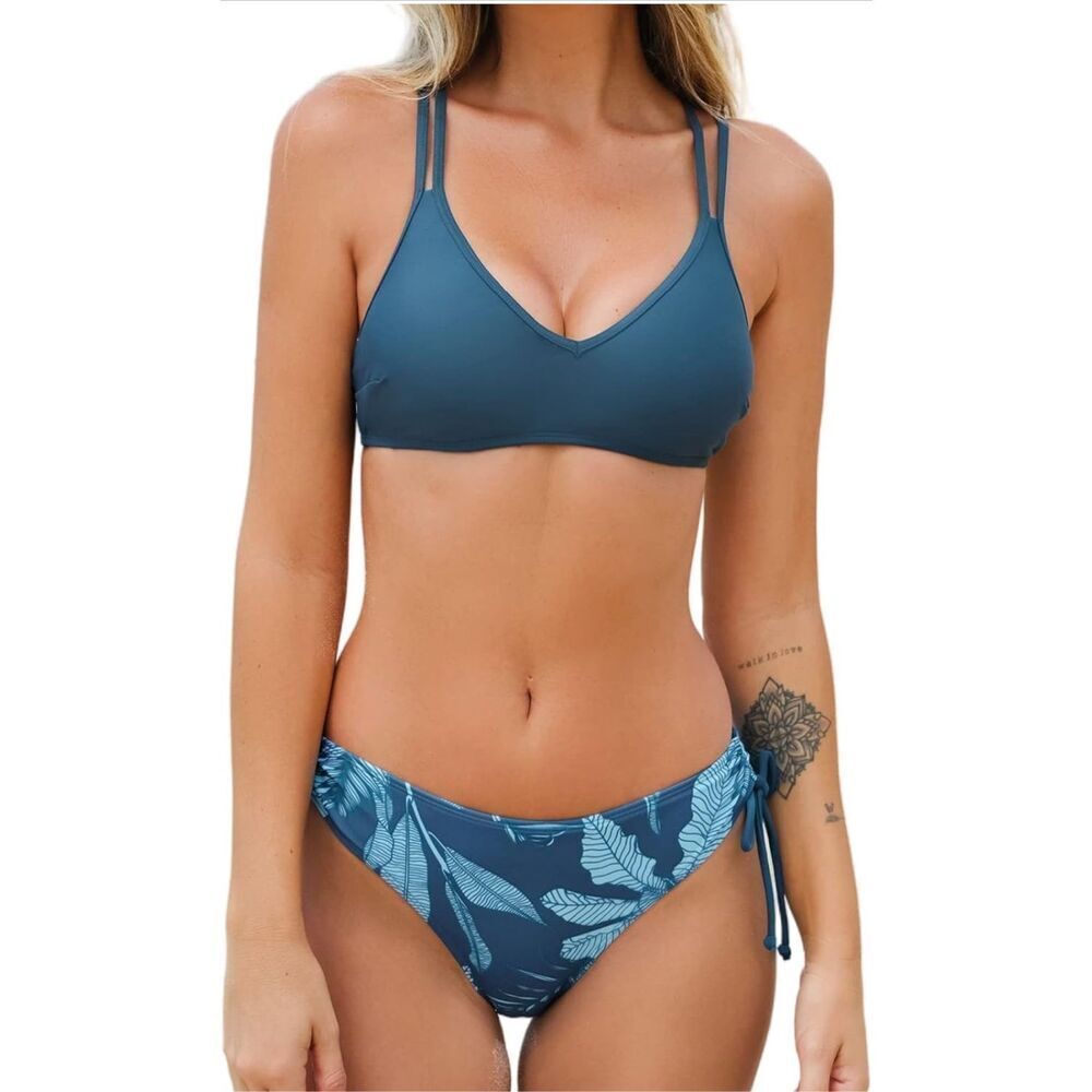 NEW Swimsuit Bikini Set 2 Pc Bathing Suit Criss Cross Back Strappy Side L